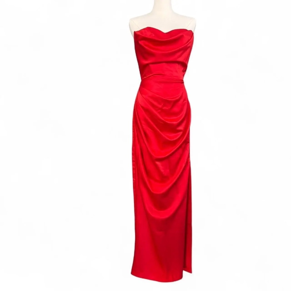House of CB - ADRIENNE Scarlet Satin Strapless Gown - Small - Picture 5 of 14